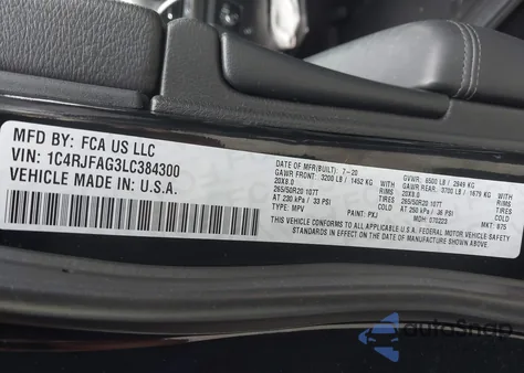 2020 Jeep Grand Cherokee Altitude 4X4 z USA, uszkodzony, nr VIN 1C4RJFAG3LC384300